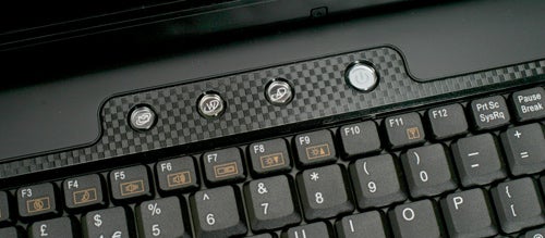Close-up of Rock Xtreme 770 laptop keyboard and media controls.