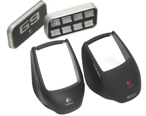Logitech G9 Laser Mouse with interchangeable grips and weights.