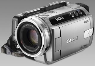 Canon HG10 HDD camcorder with lens and controls visible.