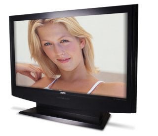 Sanyo 47-inch LCD TV displaying a woman's portrait.
