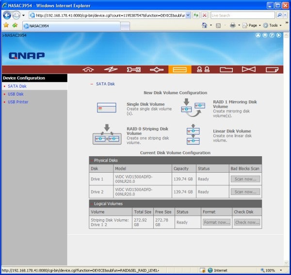 Screenshot of QNAP TS-209 Pro interface showing RAID configuration options.Screenshot of QNAP NAS interface showing disk configuration options.