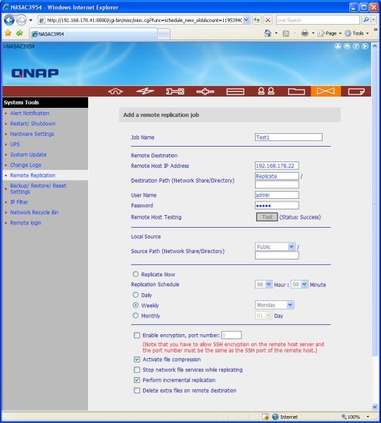 Screenshot of QNAP TS-209 Pro's remote replication job settings.Screenshot of QNAP TS-209 Pro configuration interface via Internet Explorer.