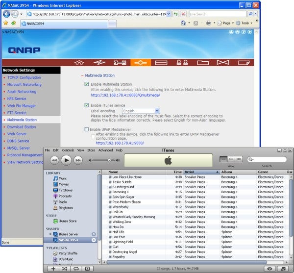 Screenshot of QNAP TS-209 web interface with iTunes server settings.Screenshot of QNAP TS-209 Pro interface with iTunes server settings.