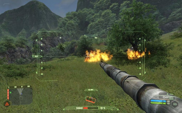 Crysis game screenshot showing first-person tank gameplay.First-person view of tank gameplay in Crysis with HUD elements.
