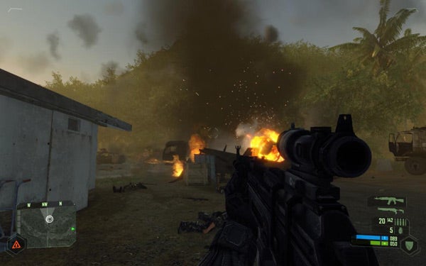 First-person view in Crysis video game with explosions and gunfire.First-person view of a shootout scene in Crysis video game.