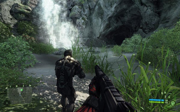 Screenshot of Crysis game showing character and lush environmentScreenshot of Crysis game showing character and waterfall scenery.