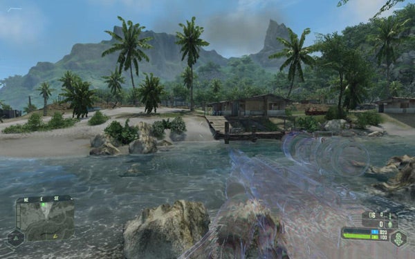 Screenshot from Crysis game showing cloaked player near water.Screenshot of Crysis game showing cloaked player by water.