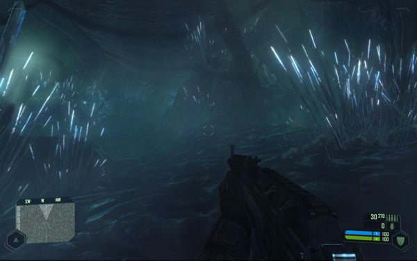 Crysis game screenshot showing first-person view inside alien structure.First-person perspective inside a Crysis game environment.