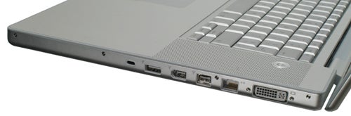 Close-up of Apple MacBook Pro 17-inch side ports.Side view of Apple MacBook Pro 17-inch showing ports.
