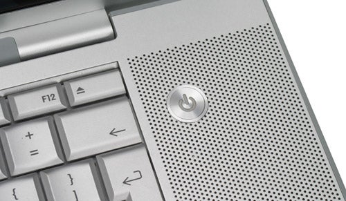 Close-up of Apple MacBook Pro 17-inch power button and keyboard.