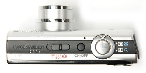 Canon IXUS 860 IS compact digital camera on white background.Canon IXUS 860 IS compact digital camera from above