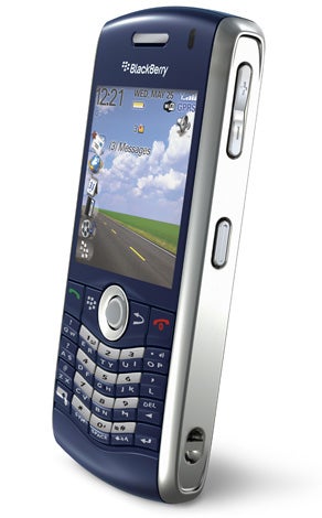 BlackBerry Pearl 8120 smartphone standing upright on white background.Blue RIM BlackBerry Pearl 8120 smartphone standing upright