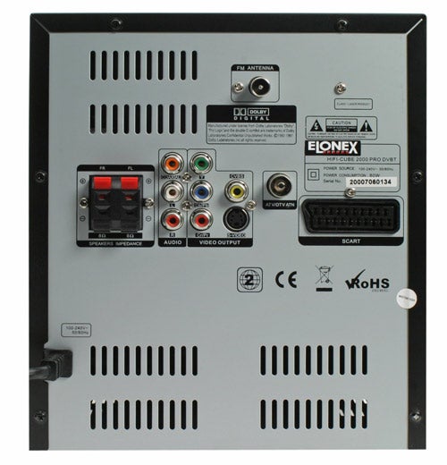 Back panel of Elonex LNX Cube Multimedia System with ports and labels.Back panel of an Elonex LNX Cube Multimedia System.