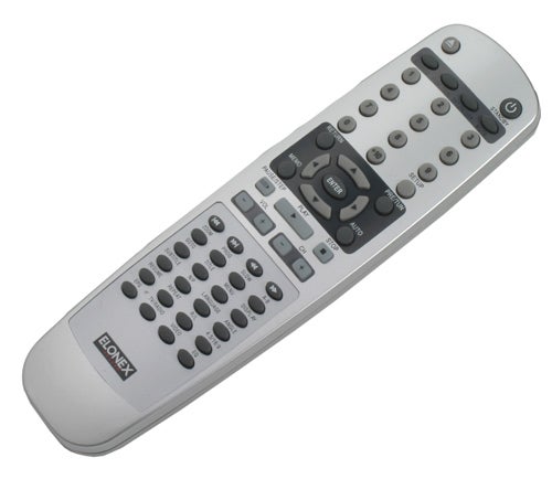 Elonex multimedia system remote control on white background.Elonex LNX Cube remote control on white background.
