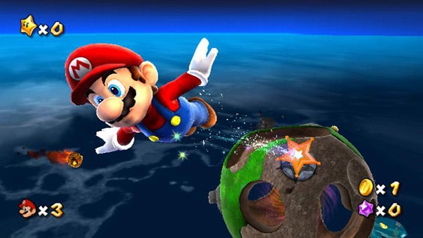 Mario flying in space above a small planet in Super Mario GalaxyMario in space jumping between small planets in Super Mario Galaxy.