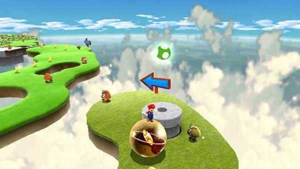 Super Mario Galaxy gameplay screenshot with Mario and star cursor.Screenshot of Super Mario Galaxy gameplay with Mario and enemies.