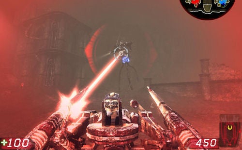 Unreal Tournament 3 gameplay screenshot with first-person shooter view.Unreal Tournament 3 gameplay screenshot with red-tinged environment.