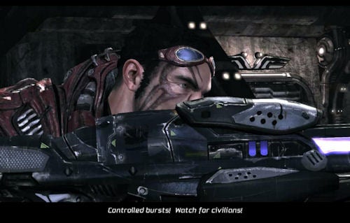 Screenshot of Unreal Tournament 3 gameplay with armed character.