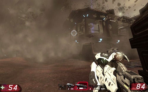 In-game screenshot of Unreal Tournament 3 showing combat scene.First-person perspective from Unreal Tournament 3 gameplay.