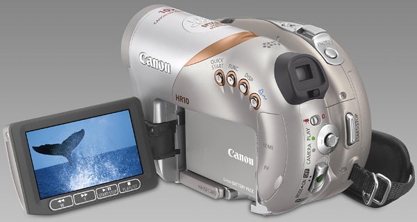 Canon HR10 DVD Camcorder with open LCD screen displaying content.Canon HR10 DVD Camcorder with flip-out LCD screen displaying a whale tail.
