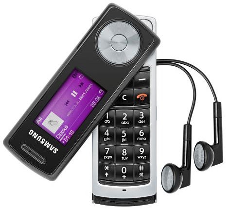 Samsung SGH-F210 mobile phone with headphones.Samsung SGH-F210 mobile phone with earphones.