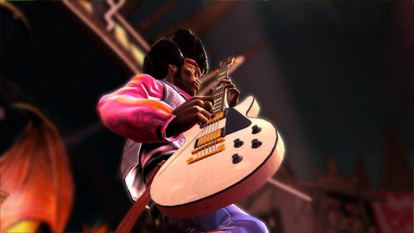 Character playing guitar in Guitar Hero III game.