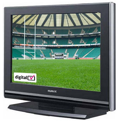 Humax LGB-19DTT 19-inch LCD TV displaying a sports stadium.Humax LGB-19DTT 19-inch LCD TV displaying a football stadium.