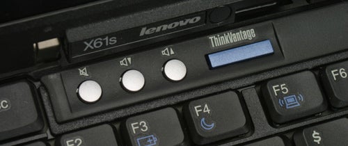 Close-up of Lenovo ThinkPad X61s laptop keyboard and controlsClose-up of Lenovo ThinkPad X61s keyboard and buttons.