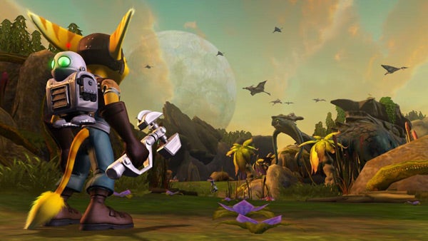 Ratchet character with weapon on alien planet, video game scene.Ratchet from 