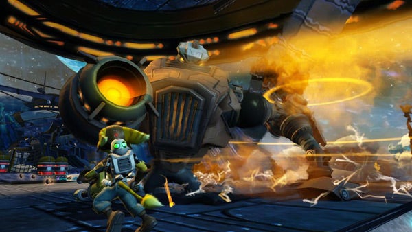 Ratchet fighting with a weapon in Ratchet and Clank game.Ratchet and Clank character in action-packed gameplay scene.