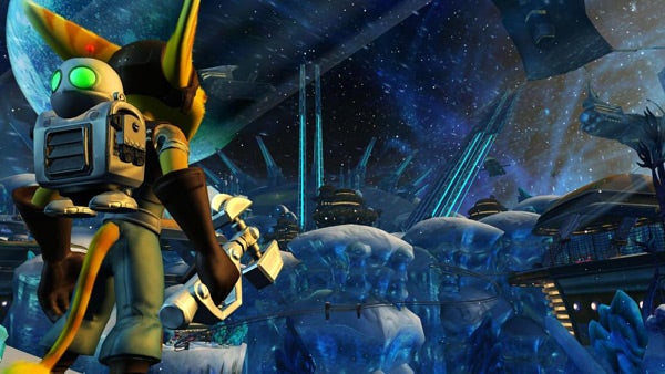 Ratchet character in space from Ratchet from Ratchet & Clank game with a sci-fi background.