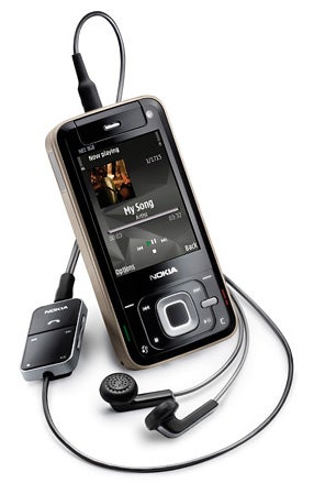 Nokia N81 8GB phone with headphones and remote control.Nokia N81 8GB phone with headphones and music player interface.
