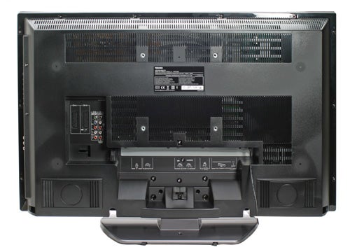 Rear view of Toshiba Regza 40XF355D LCD TV showing ports and stand.Rear view of Toshiba Regza 40XF355D LCD TV showing ports and speakers
