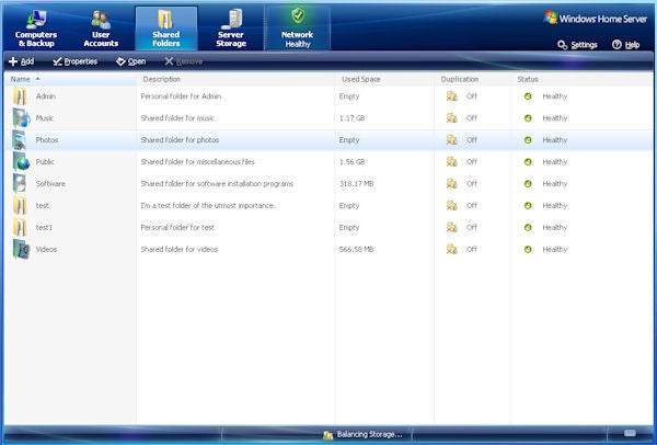 Screenshot of Tranquil T7-HSA Home Server interface displaying folders.Screenshot of Tranquil T7-HSA Home Server shared folders interface.