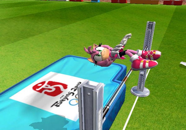 Screenshot of high jump event in Mario & Sonic Olympics game.Amy Rose character performing high jump in Olympic video game.