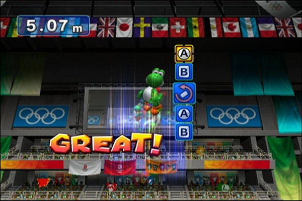 Yoshi character in Mario & Sonic at the Olympic Games event.Yoshi character performing in Mario & Sonic Olympics game.