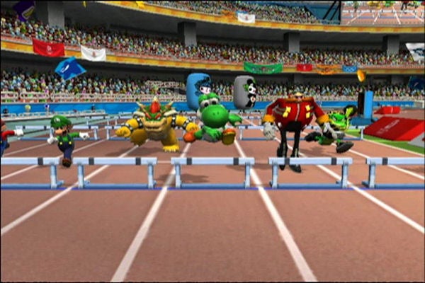Characters from Mario and Sonic competing in a hurdle race event.Characters from Mario & Sonic series competing in a hurdles race event.