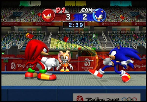 Screenshot of Mario & Sonic at the Olympic Games gameplay.Screenshot of Mario & Sonic Olympic Games with score display.