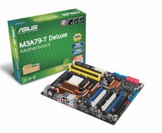 ASUS M3A79-T Deluxe motherboard with packaging.