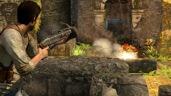 Screenshot of gameplay from Uncharted: Drake's Fortune video game.Character firing a shotgun in Uncharted: Drake's Fortune gameplay.