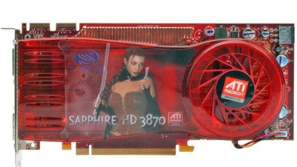 Sapphire Radeon HD 3870 graphics card with red cooling fan.