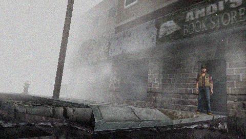 Screenshot of Silent Hill: Origins gameplay with character outside bookstore.