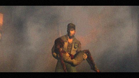 Character from Silent Hill: Origins in a foggy scene.Character carrying another in Silent Hill: Origins game scene.
