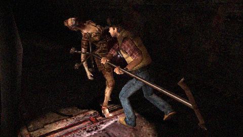 Gameplay scene from Silent Hill: Origins with character and monster.Screenshot of combat scene from Silent Hill: Origins game.