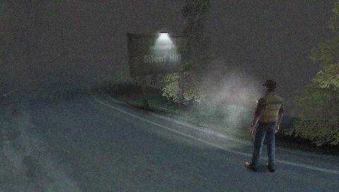 Screenshot from Silent Hill: Origins game showing character and sign.Screenshot of Silent Hill: Origins game with protagonist near sign.