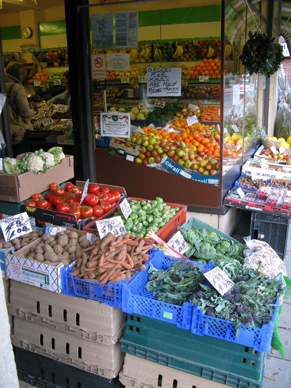 Colorful fruit and vegetable market display.Fresh vegetables on display at a market stall.