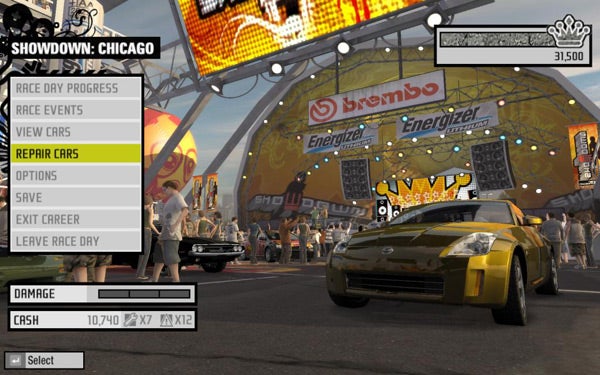 Screenshot of Need for Speed: Pro Street game menu with car.Screenshot of Need for Speed: Pro Street menu and car.