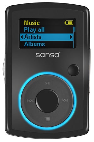 SanDisk Sansa Clip 1GB MP3 player with screen on.