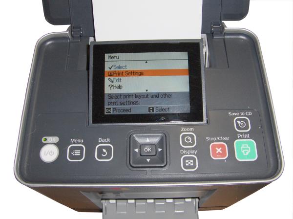 Epson PictureMate PM290 printer with open menu screen.