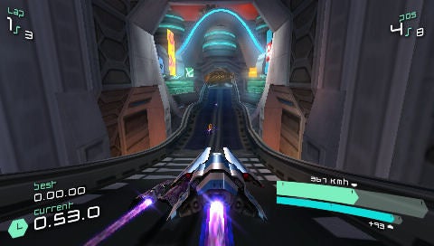 First-person view from a Wipeout: Pulse racing game screenshotFirst-person view screenshot from the racing game Wipeout: Pulse.